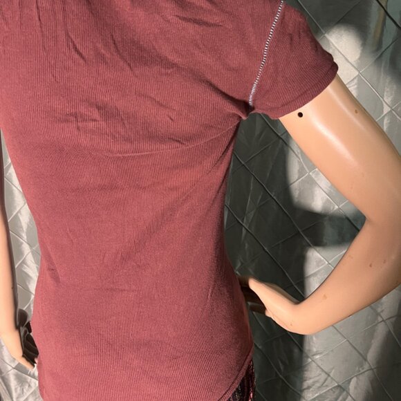 Vtg Old Navy Women Small‎ Burgundy Half Button Fitted Short Sleeve Shirt (GS3) - Picture 5 of 8